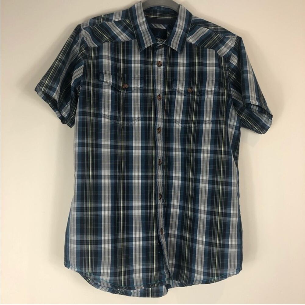 Prana blue and white plaid button down short sleeve shirt